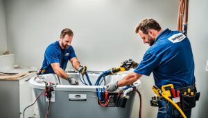 Professional whirlpool tub installers connecting plumbing and electrical components