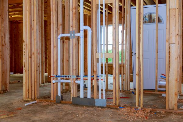 Wood framing work in progress with wood framing walls and ceiling or floor joist on a new construction